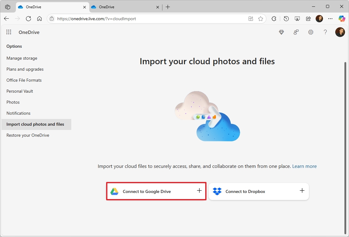 Опция импорта из Google Drive в OneDrive