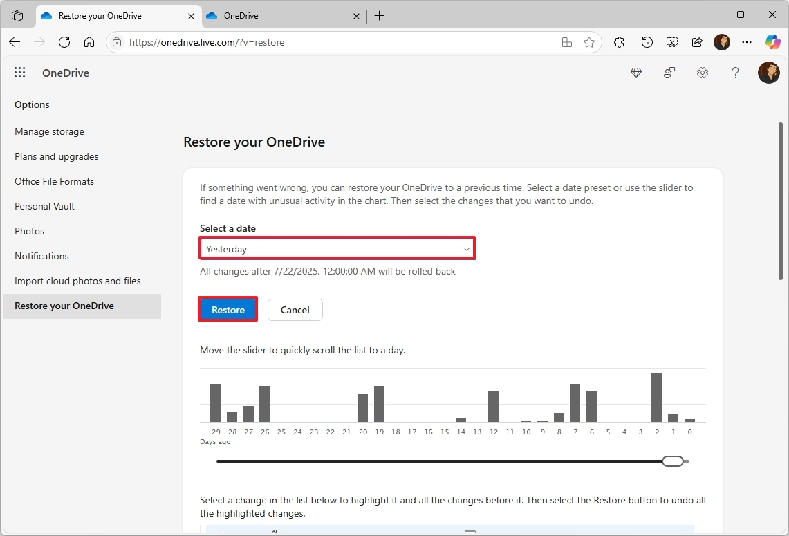 Настройки восстановления OneDrive в веб-интерфейсе