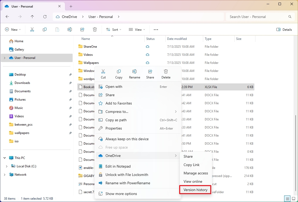 Опция "История версий" в OneDrive в Проводнике