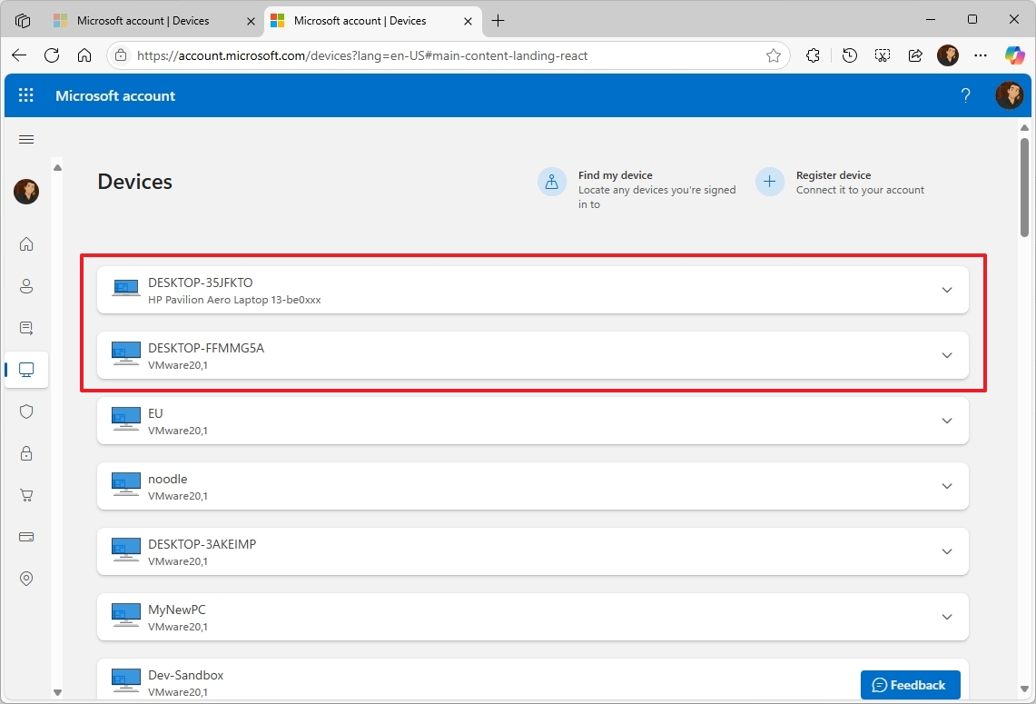 Список устройств в учетной записи Microsoft