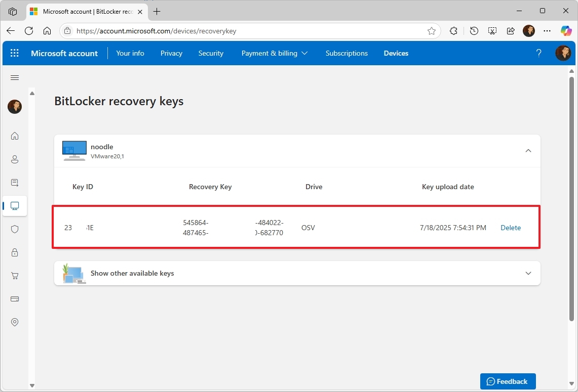 Ключ восстановления в учетной записи Microsoft