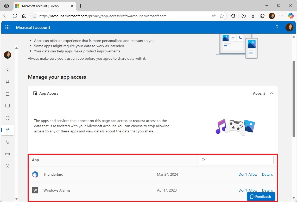Управление доступом приложений в учетной записи Microsoft