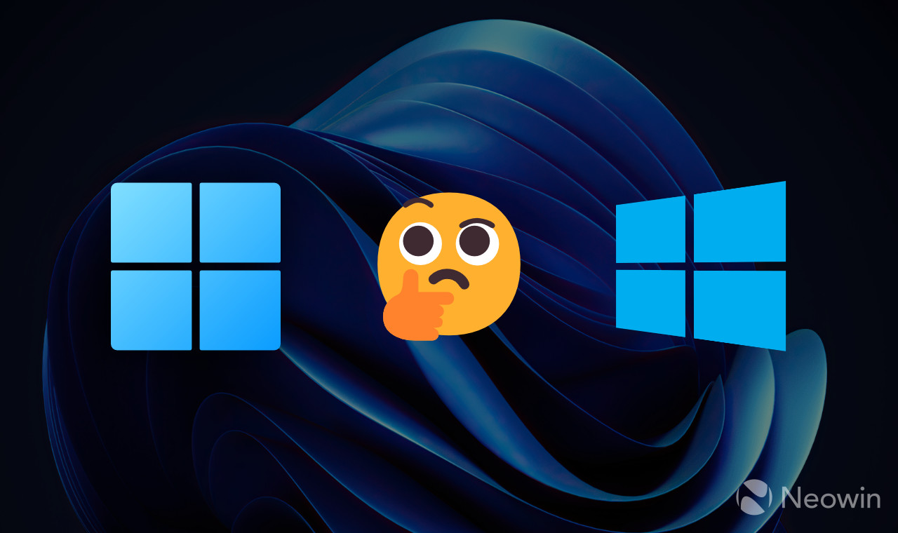 Эмодзи задумчивости между логотипами Windows 11 и 10, символизирующий выбор лучшей ОС