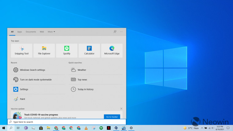 Интерфейс поиска Windows 10