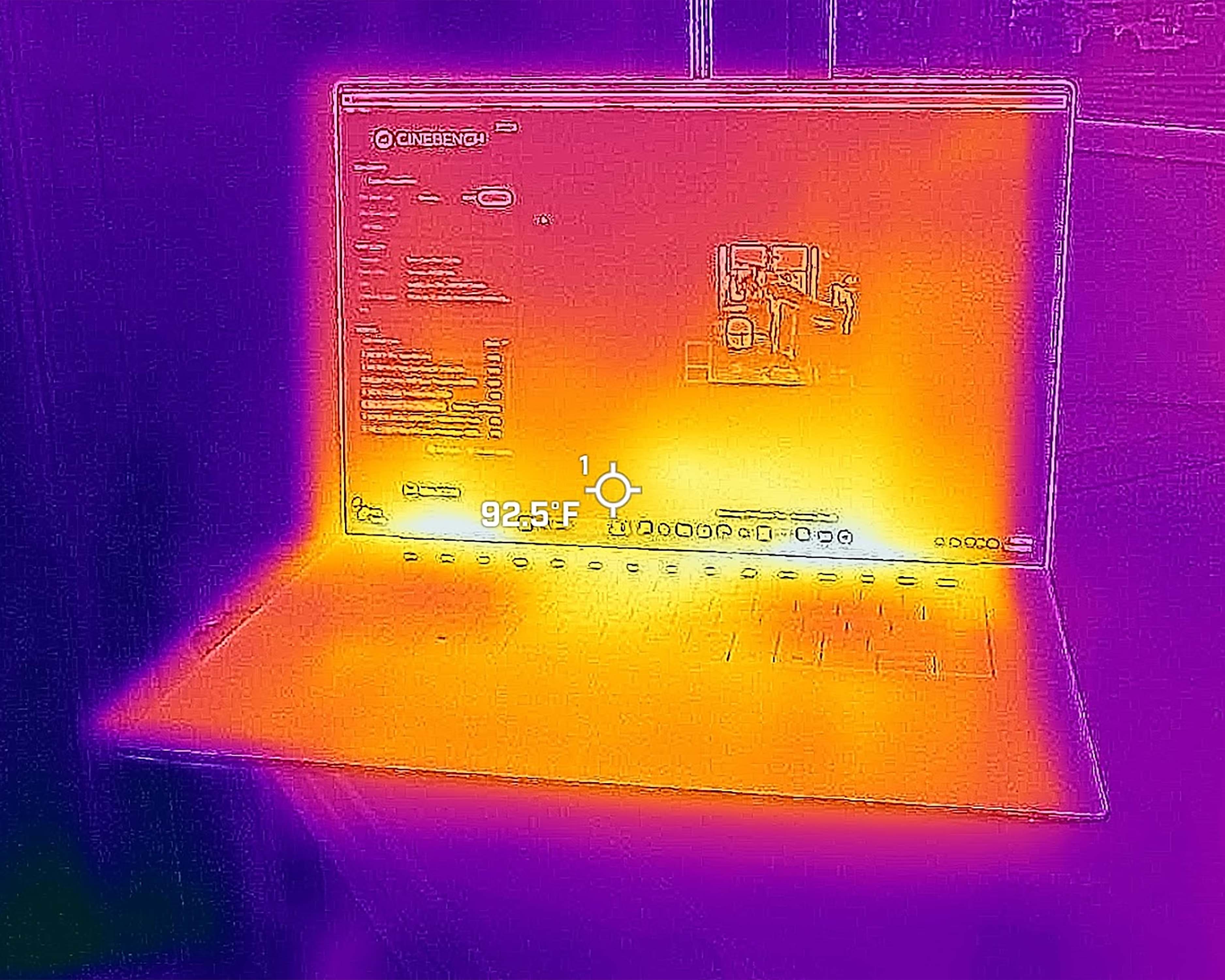 Снимки, сделанные тепловизионной камерой Dell 16 Premium, показывают, что самые горячие части ноутбука находятся над клавиатурой.