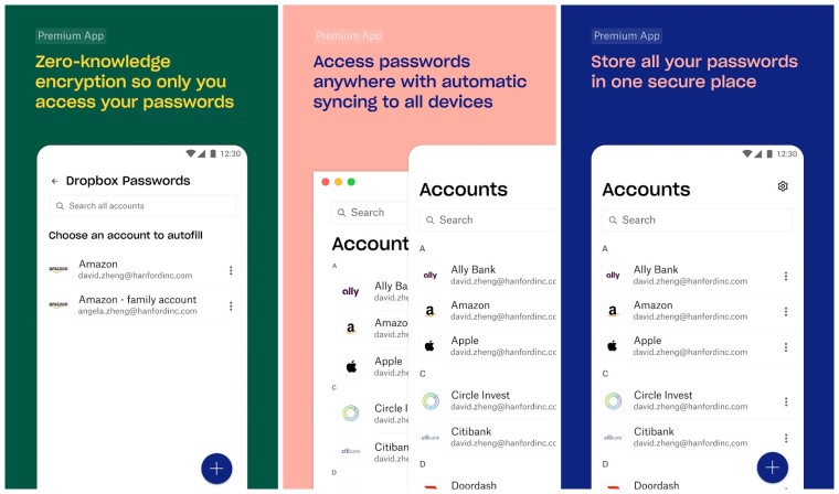 Скриншоты приложения Dropbox Passwords