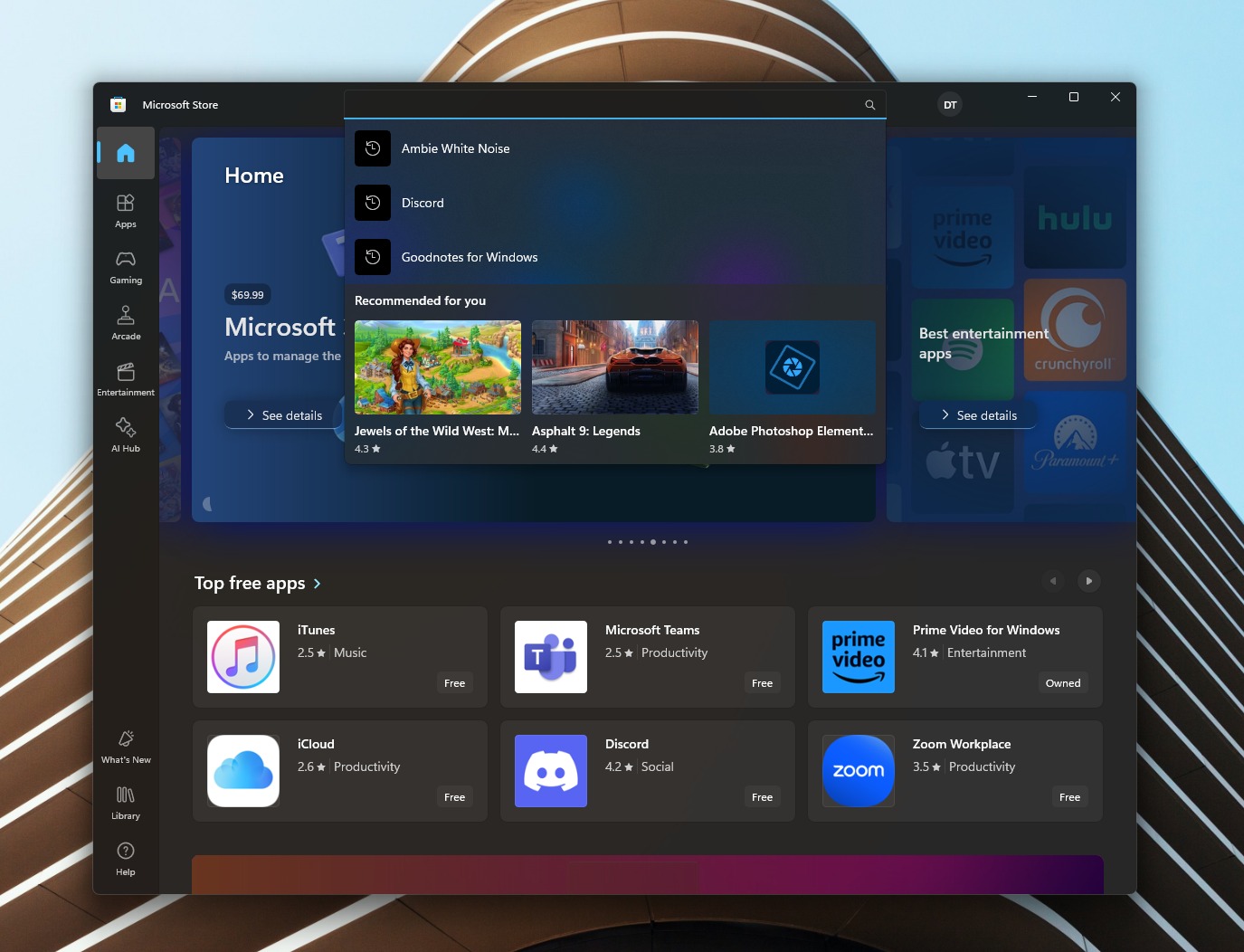 Microsoft Store flyout with suggested content