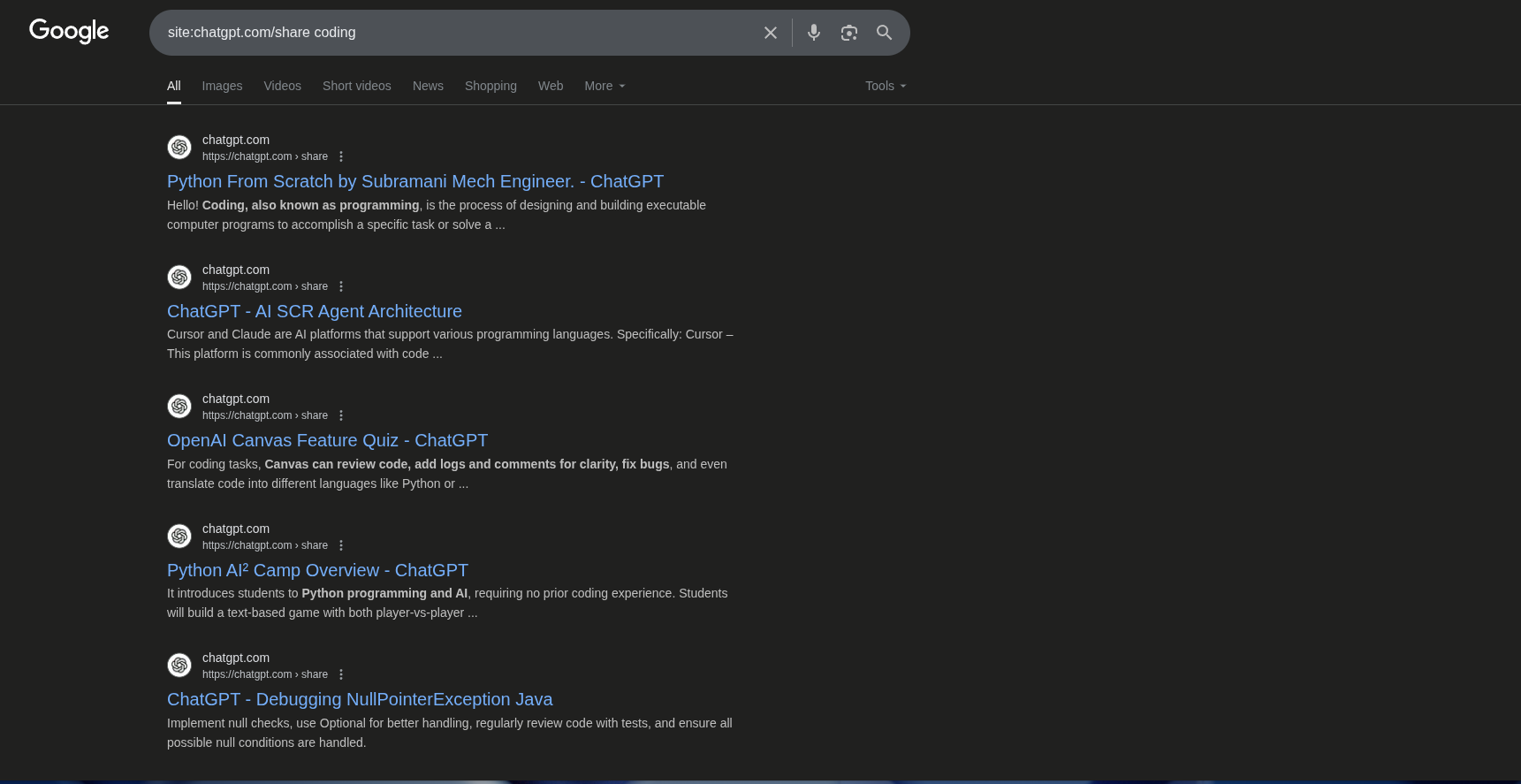 Результаты поиска Google по запросу "site:chatgpt.com/share" с примерами сеансов чата ChatGPT, посвященных кодированию.