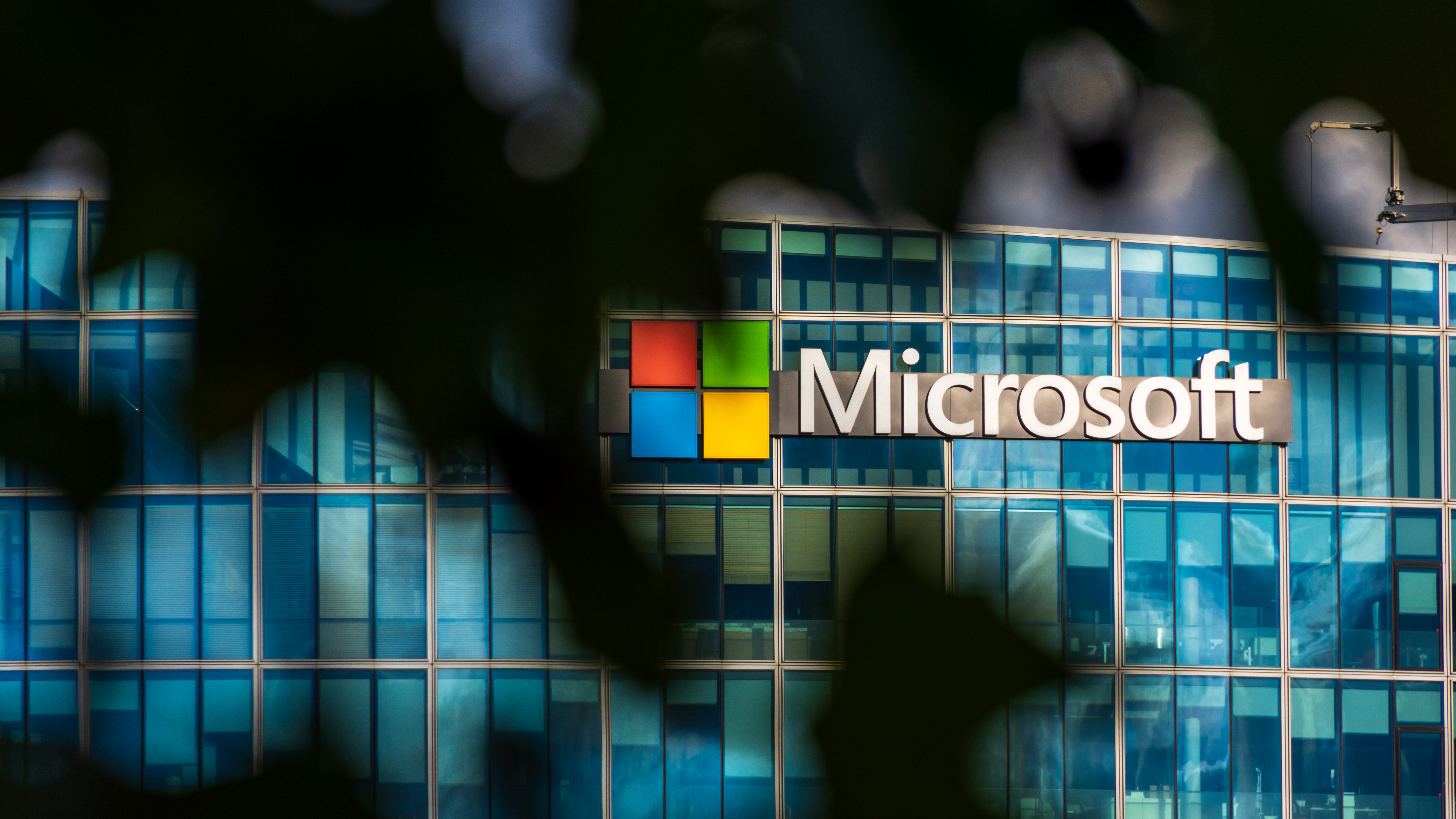 Логотип Microsoft на здании, скрытом деревьями
