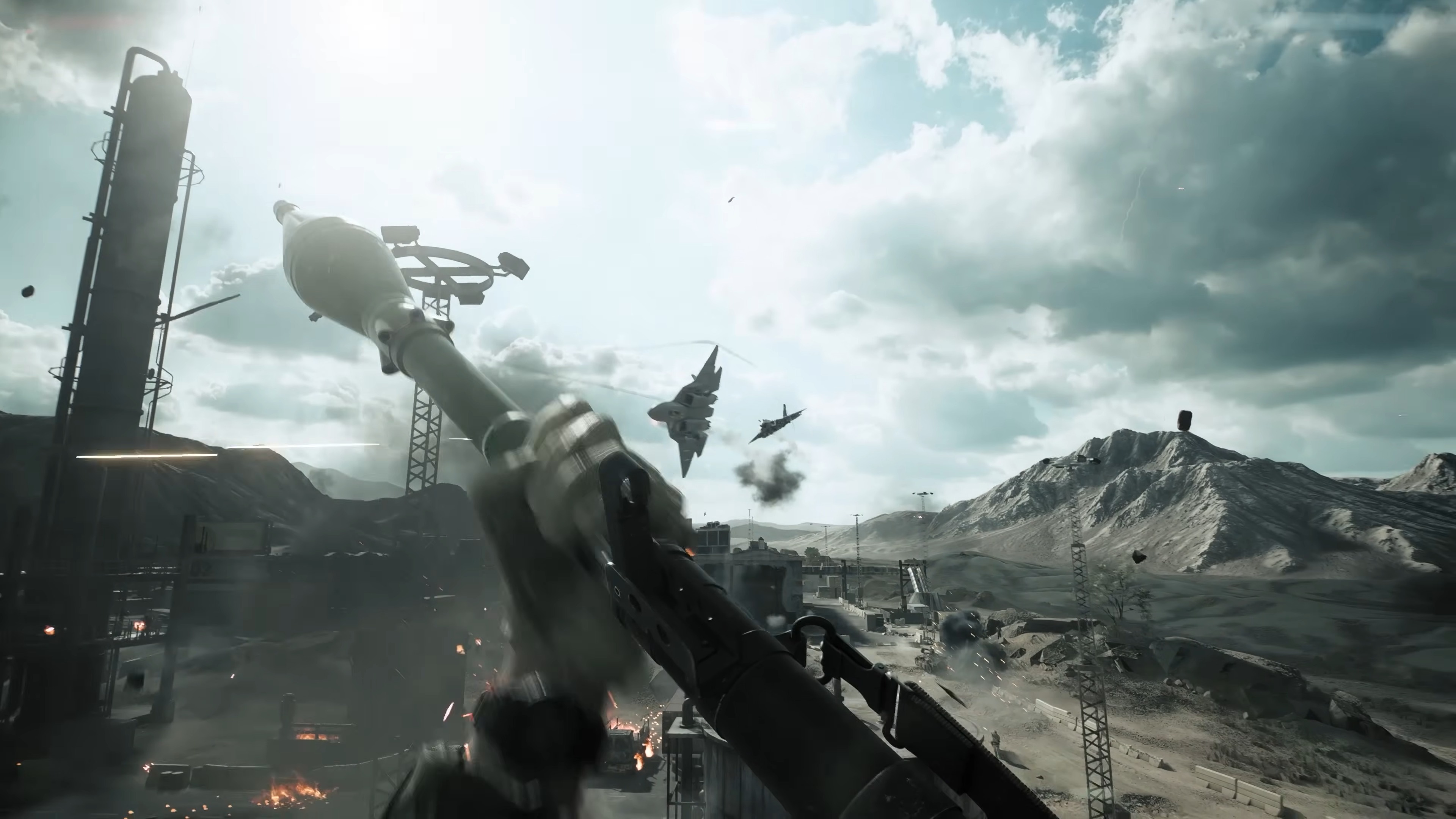 Скриншот Battlefield 6: игрок с РПГ смотрит на самолет.
