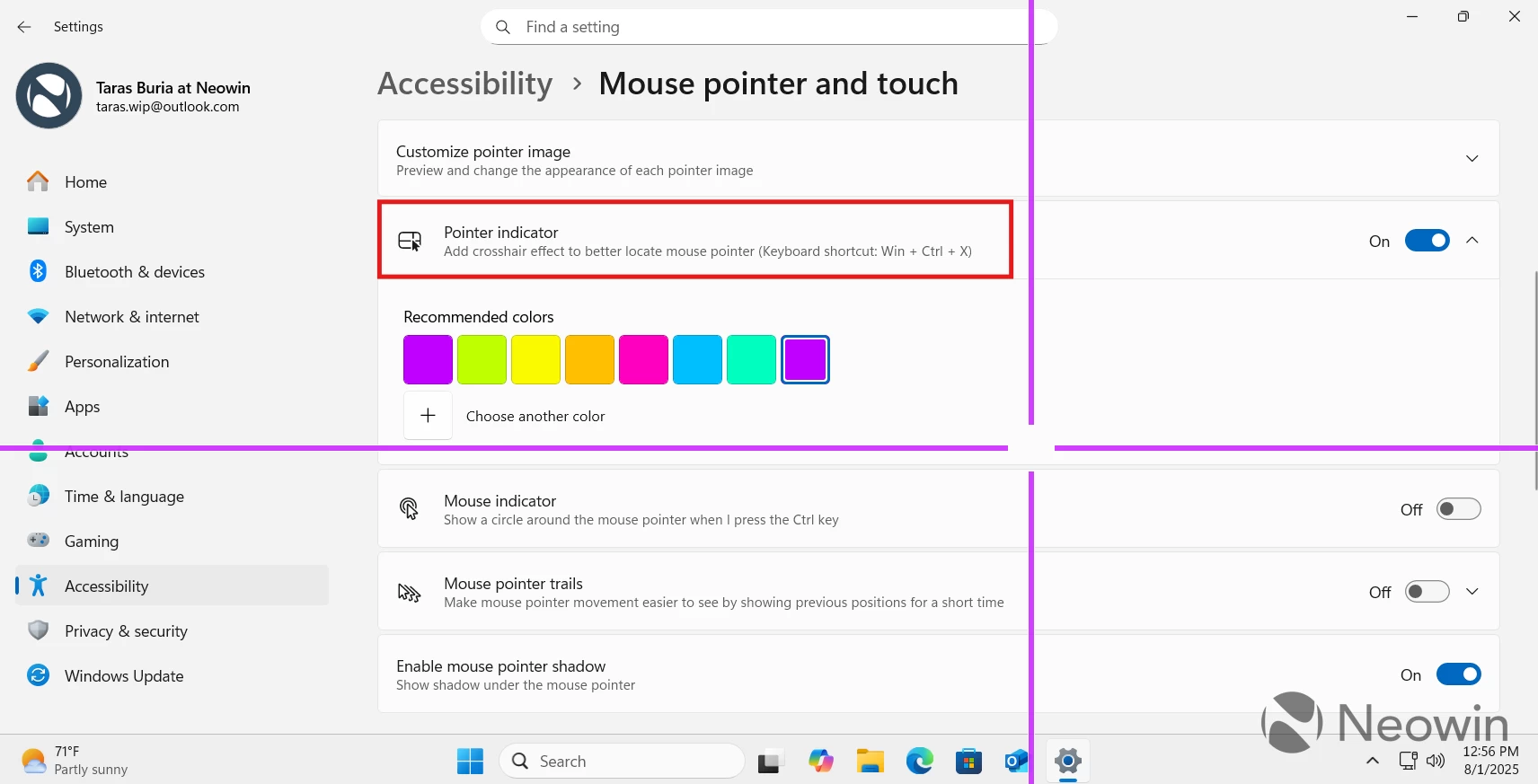 Настройки перекрестия мыши в Windows 11