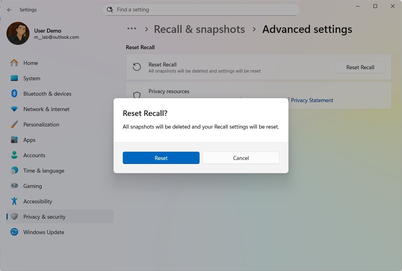 Windows Recall reset feature