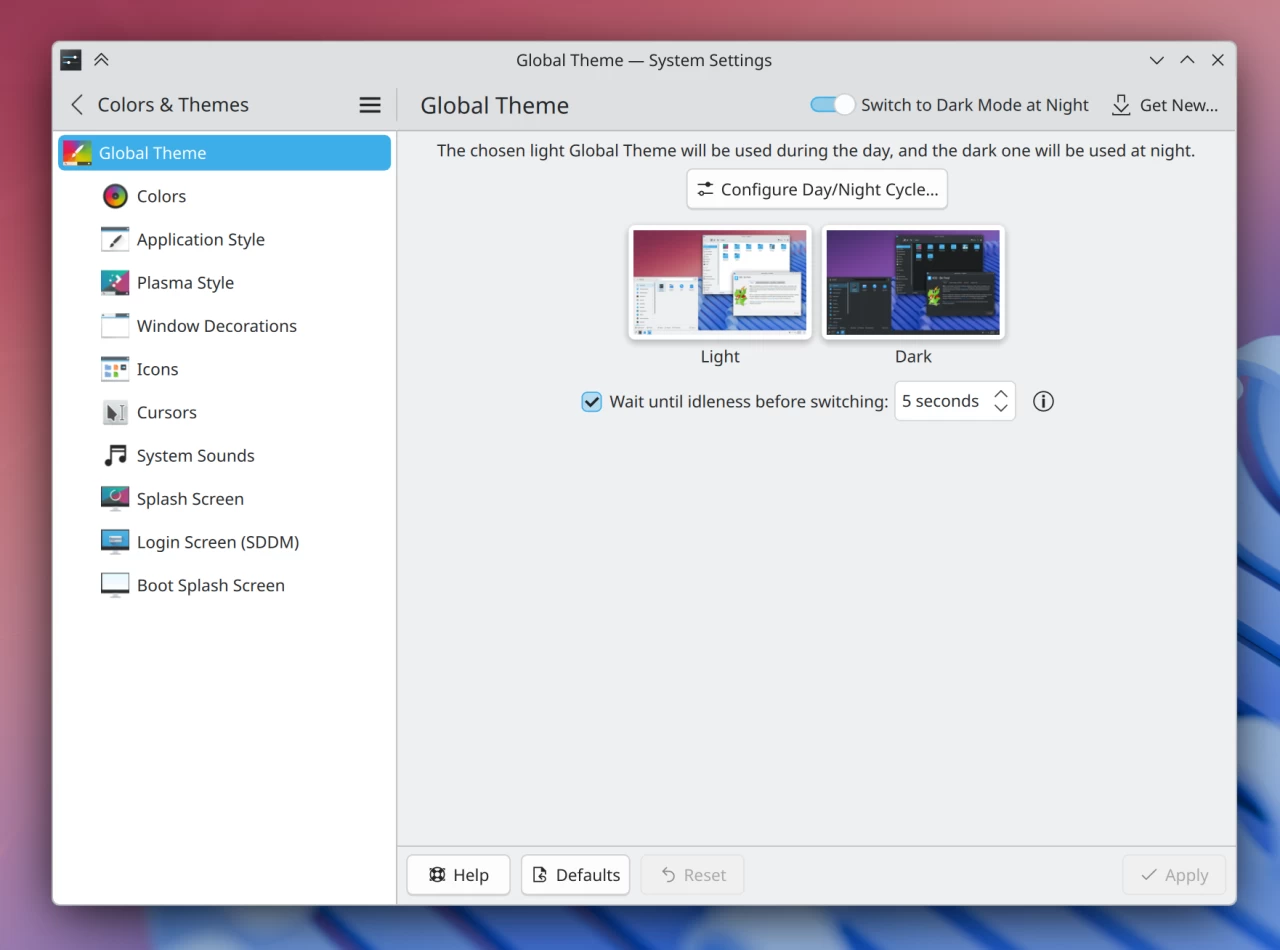 System Settings Global Themes page showing settings to turn on daynight switching
