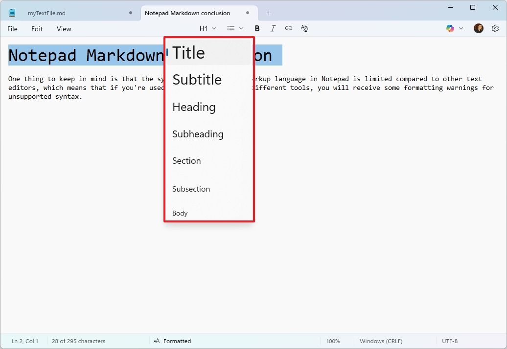 Меню H1 в Блокноте для Markdown