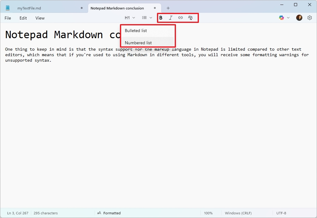 Параметры Markdown на панели инструментов Блокнота
