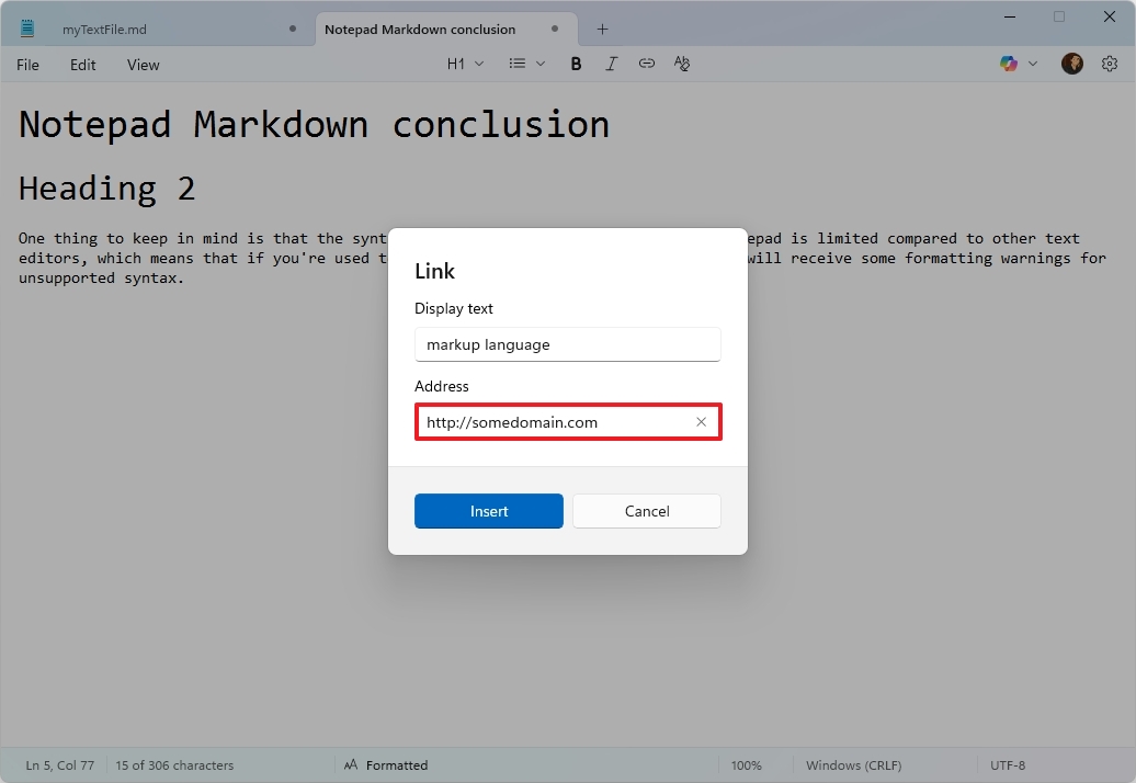 Вставка ссылки с помощью Markdown в Блокноте