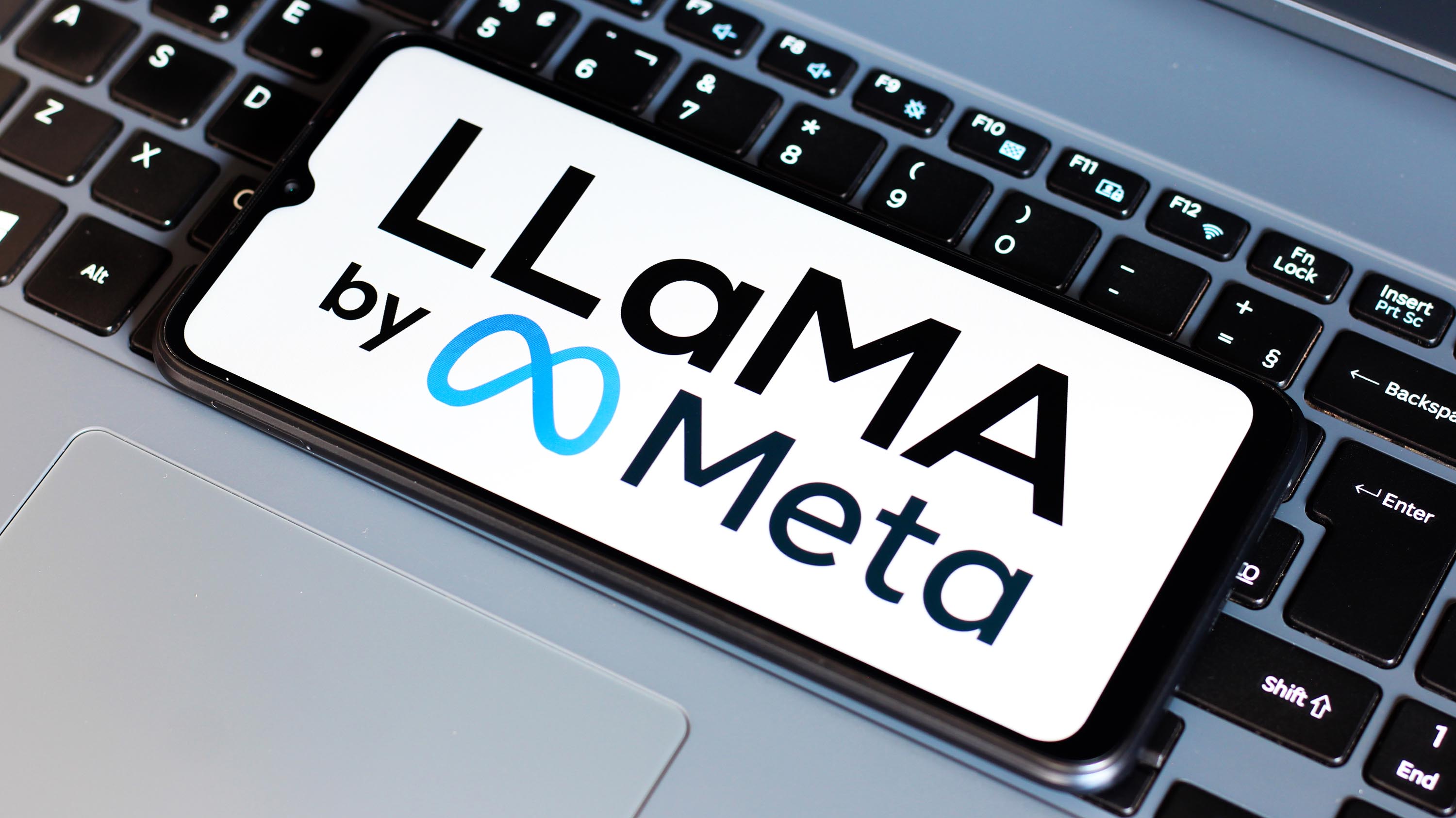 Текст LlaMA от Meta на дисплее телефона, лежащего на клавиатуре ноутбука.