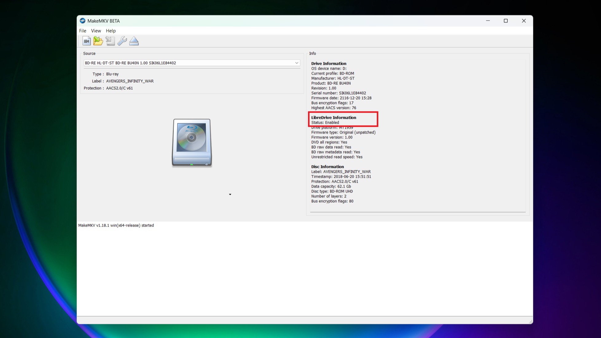 Скриншот MakeMKV с включенным LibreDrive.