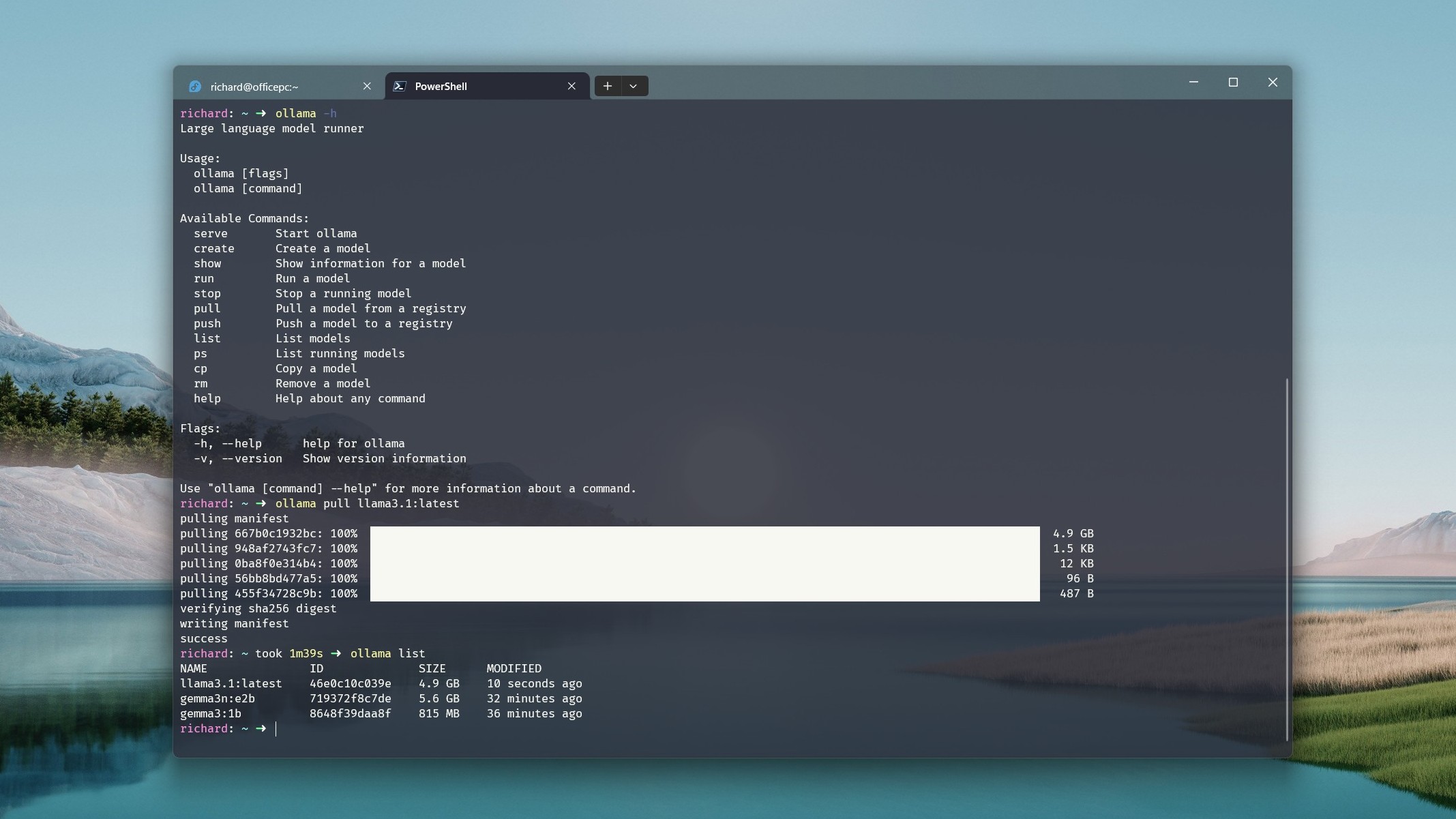 Интерфейс командной строки Ollama через PowerShell в Windows Terminal на Windows 11