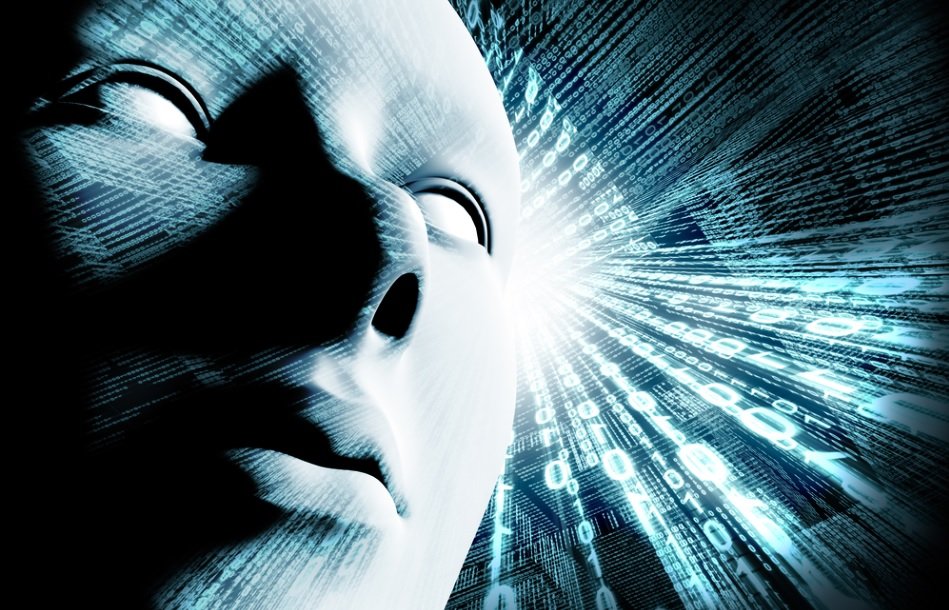 AI face lit up by digital data and binary code