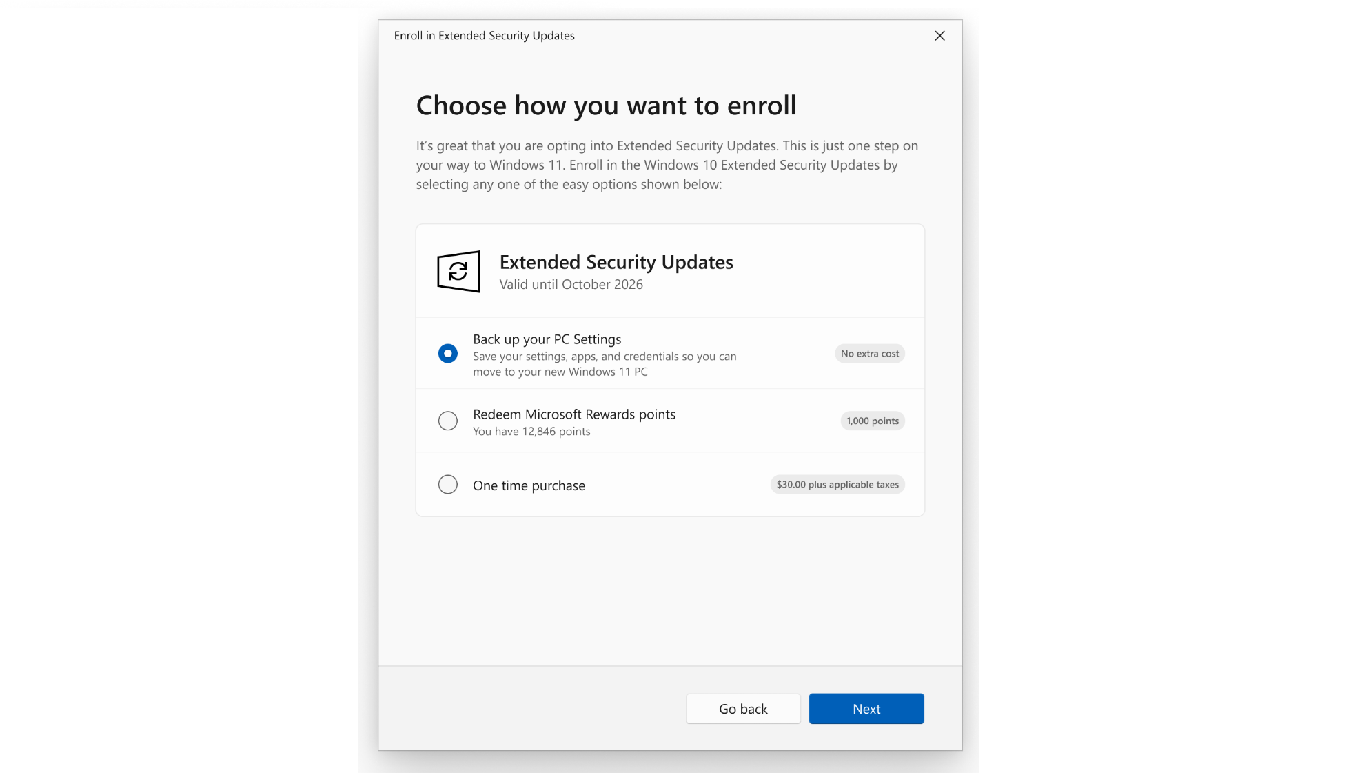 Окно регистрации Windows 10 ESU.