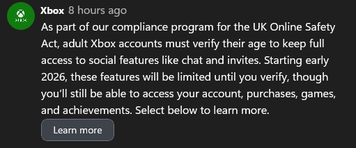 Сообщение, отправленное пользователям Xbox в Великобритании относительно необходимости подтверждения своего возраста
