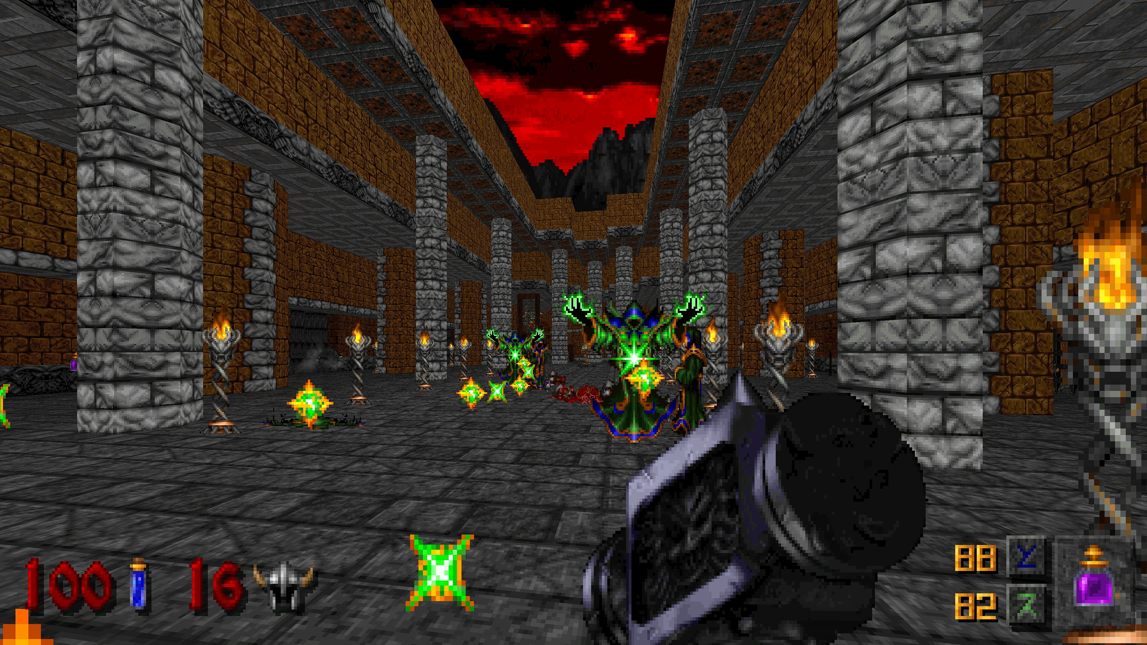 Скриншоты из игры: игрок сражается с волшебниками в Heretic+Hexen