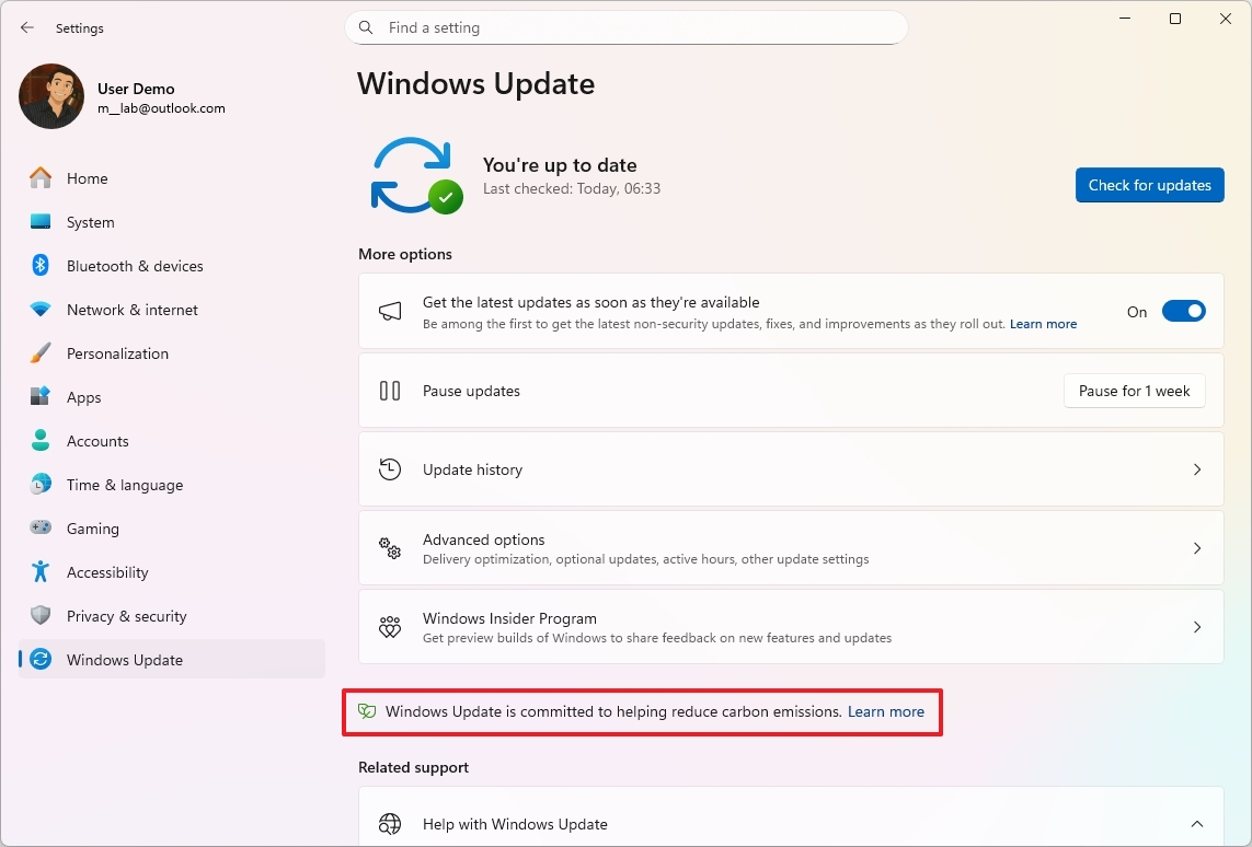 Информация о выбросах углекислого газа при обновлении Windows