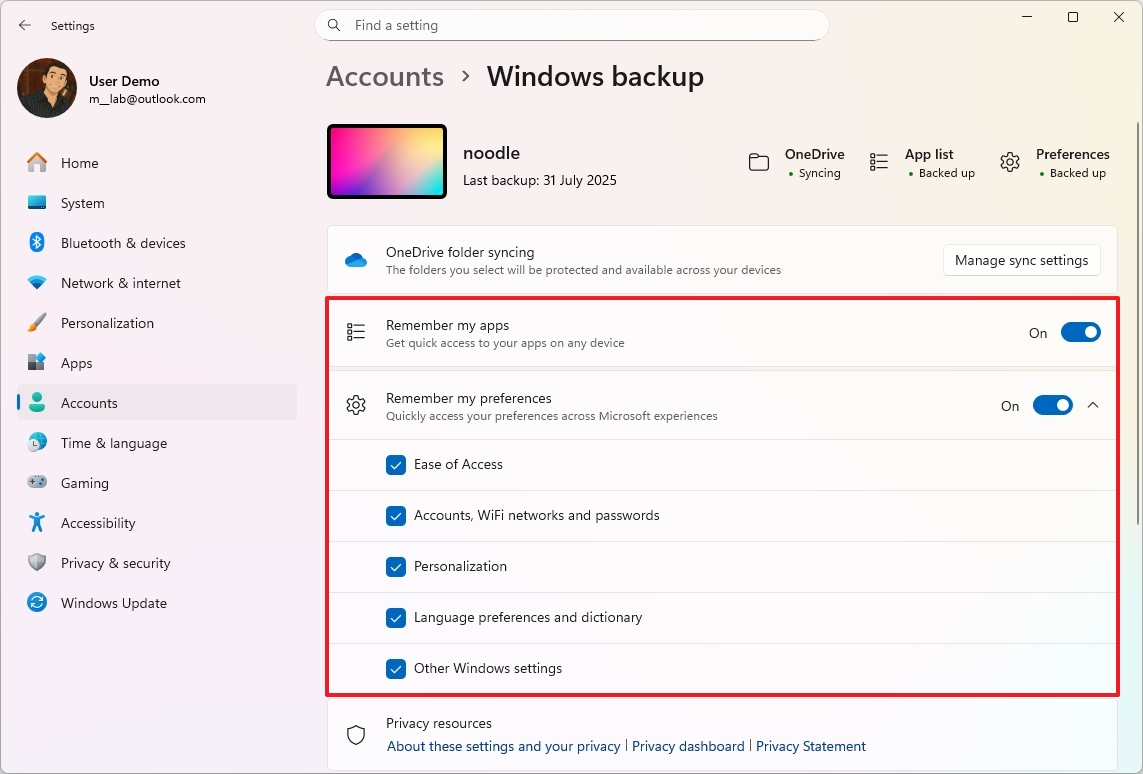 Страница параметров резервного копирования Windows