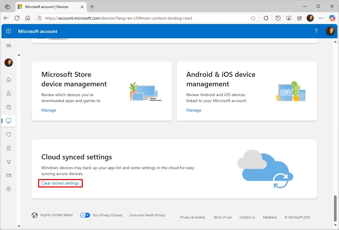 Очистка сохраненных данных в учетной записи Microsoft