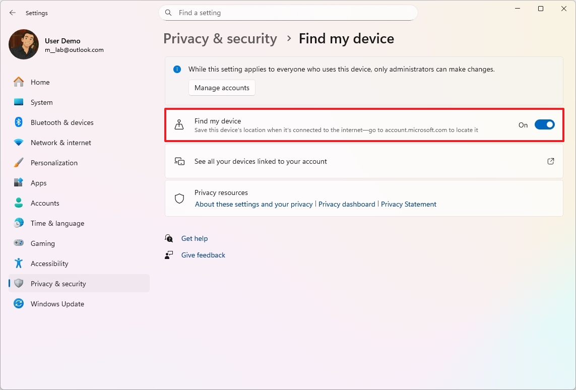 Функция "Найти мое устройство" в Windows 11