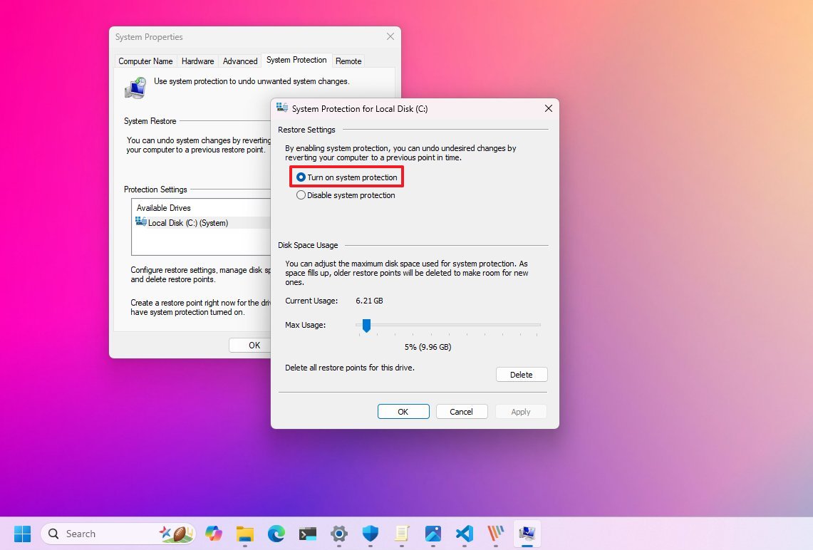 Защита системы включена в Windows 11