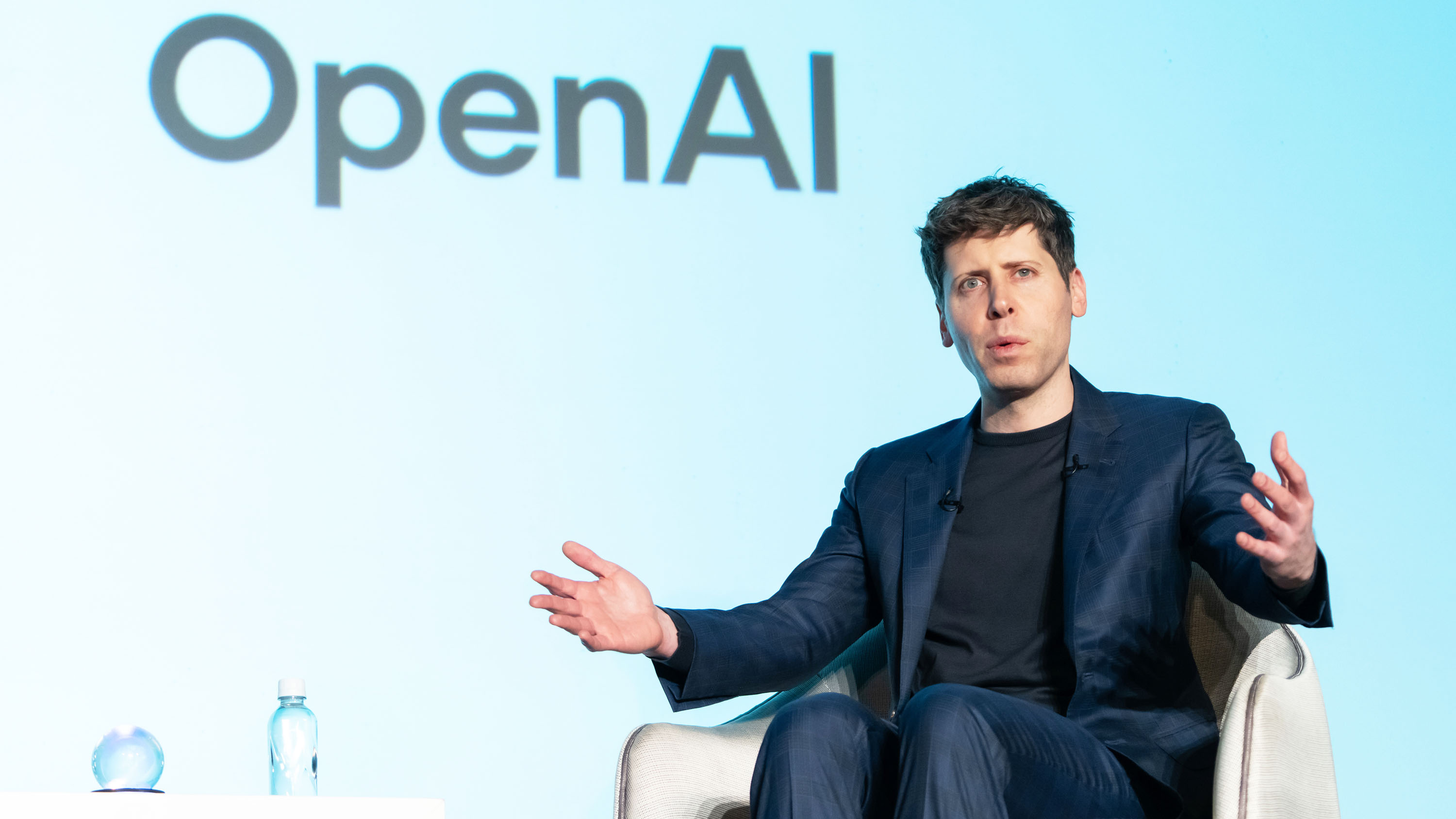 Open AI CEO Sam Altman speaks during a talk session with SoftBank Group CEO Masayoshi Son at an event titled ![