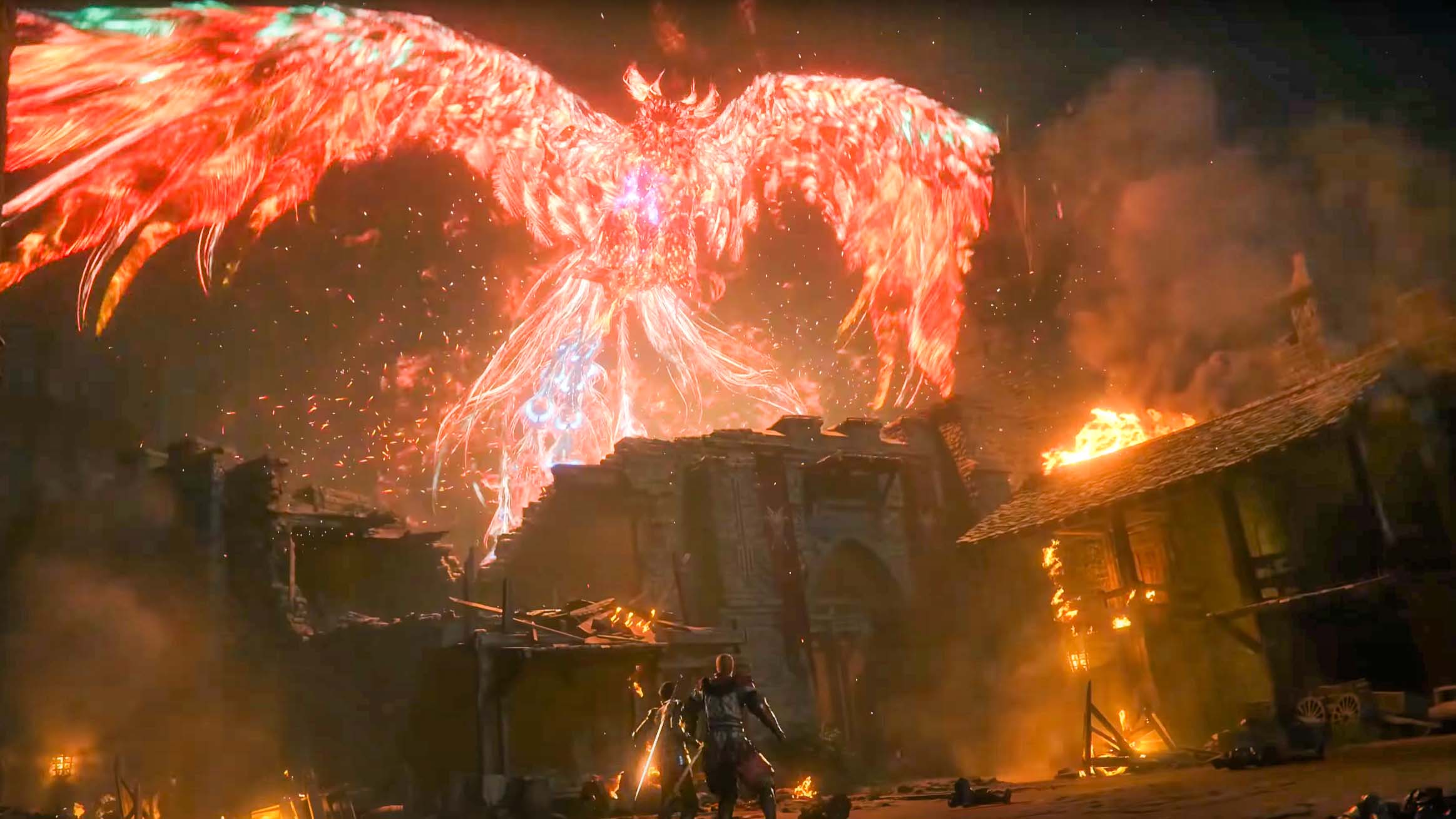 Кадр из Final Fantasy XVI: огненный Феникс летит над пылающим городом.
