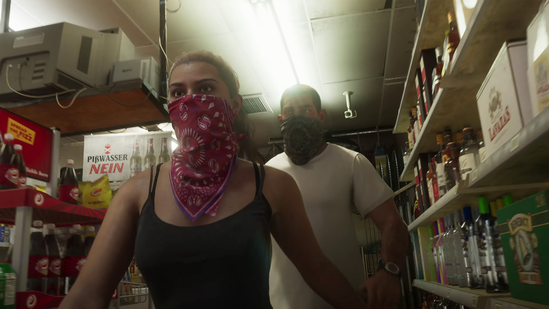 Grand Theft Auto 6 screenshot showing protagonist Lucia and a male character walking through a store