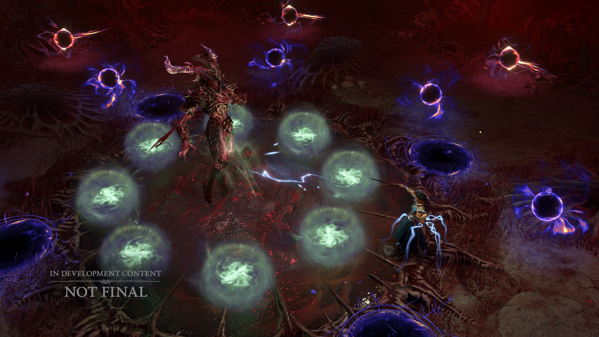 Скриншот Diablo 4, на котором демон окружен сферами
