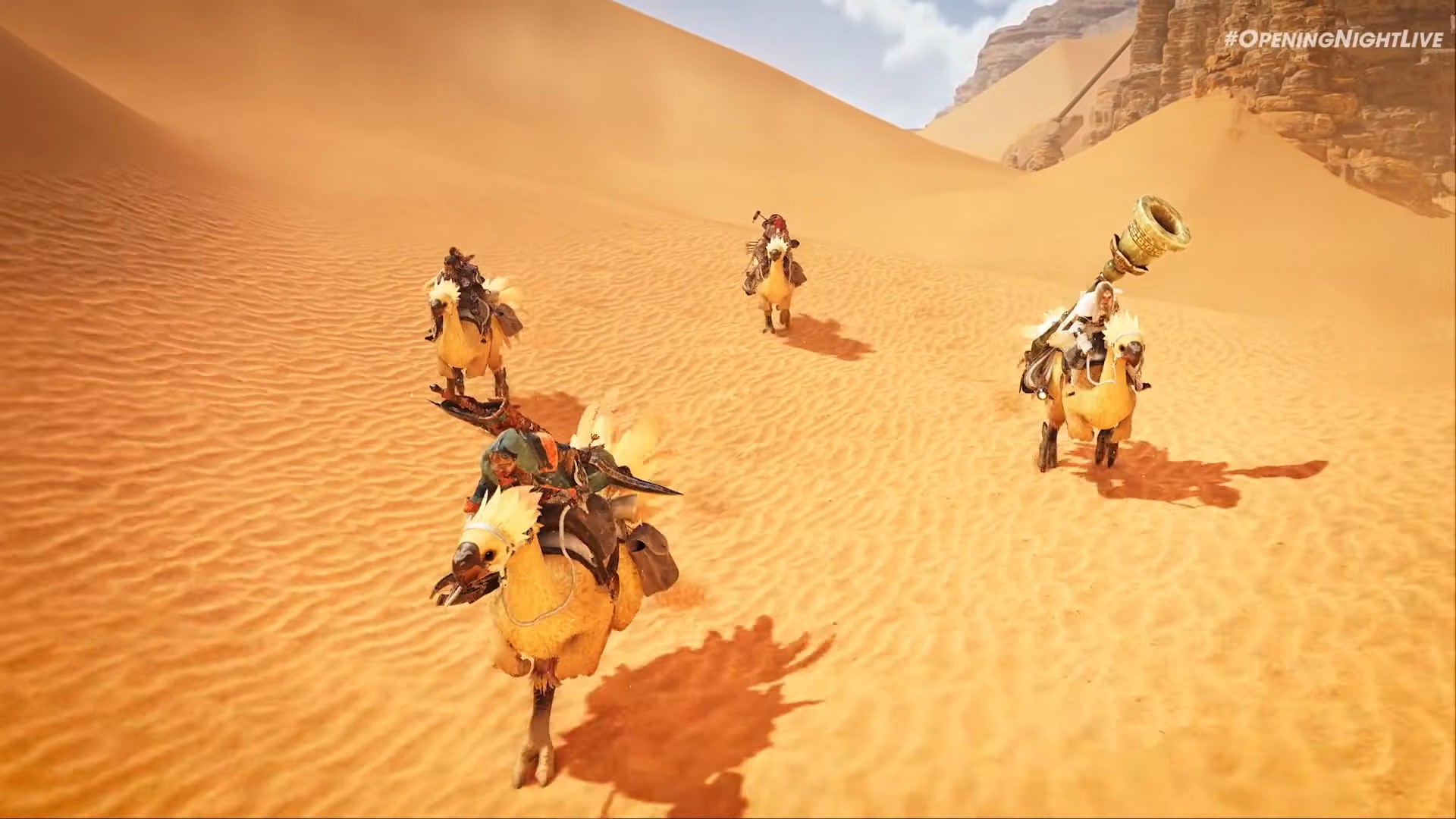 Игроки едут на Чокобо в Monster Hunter Wilds