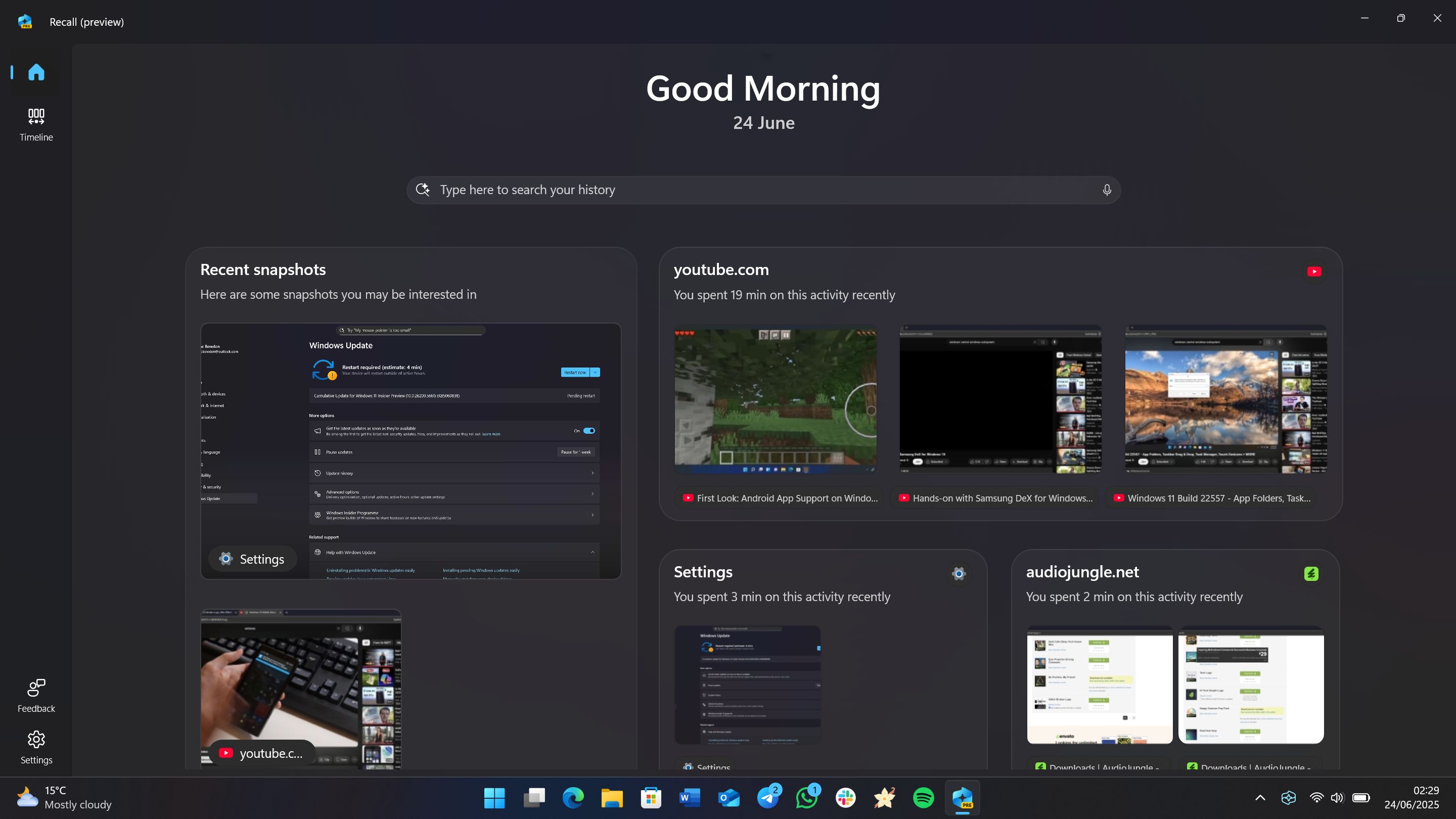 Новая домашняя страница Windows Recall с недавними снимками и приложениями