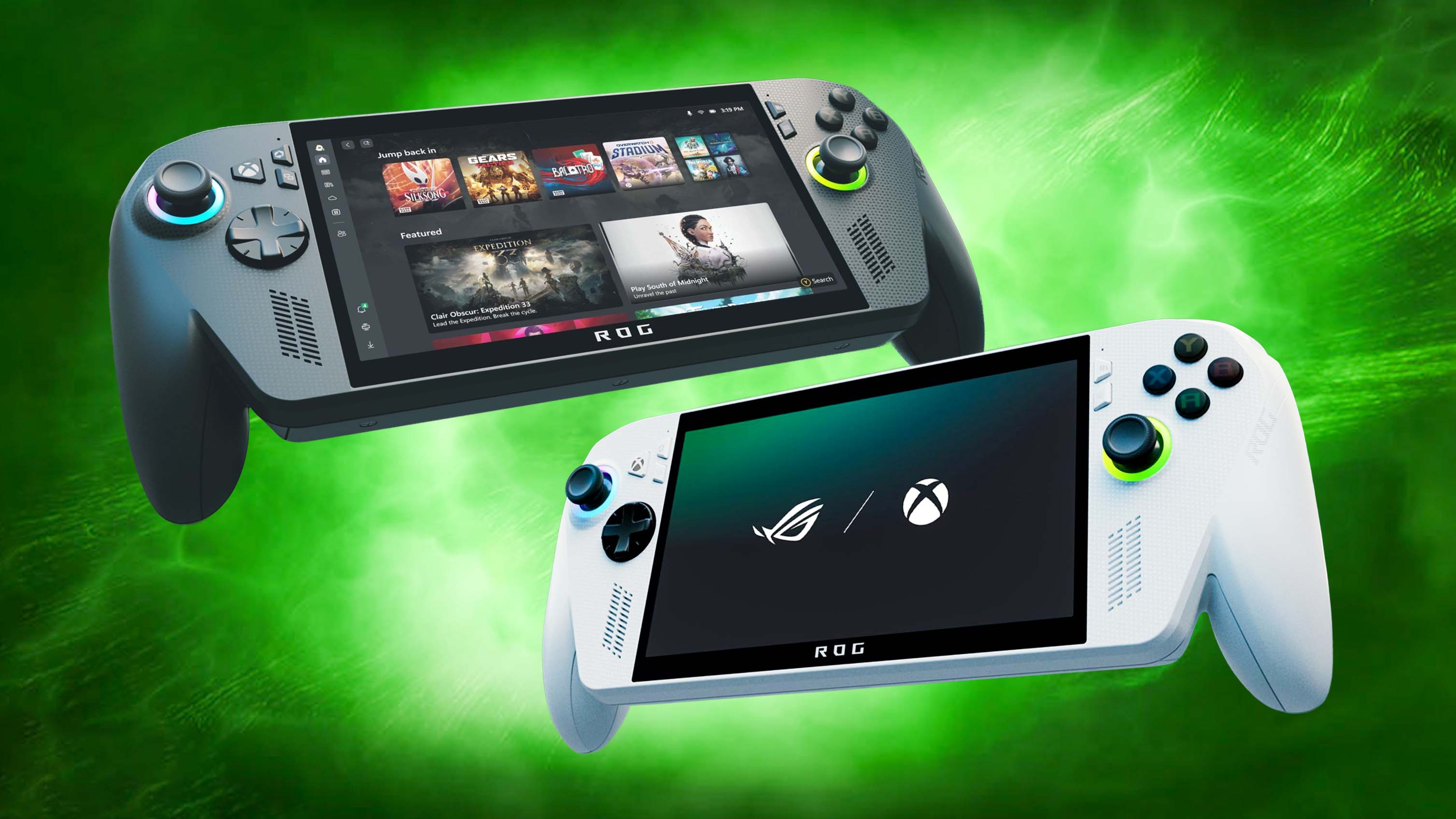 Xbox Ally X и Xbox Ally на зеленом фоне.