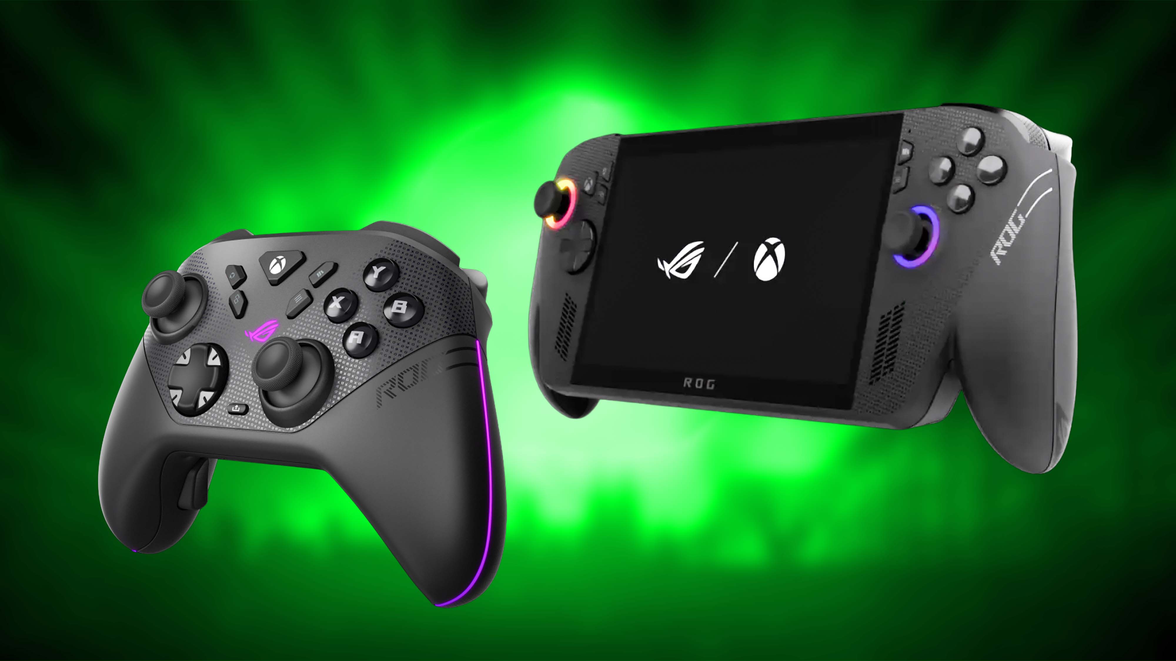 ROG Raikiri II Xbox Wireless Controller и Xbox Ally X на зеленом фоне.