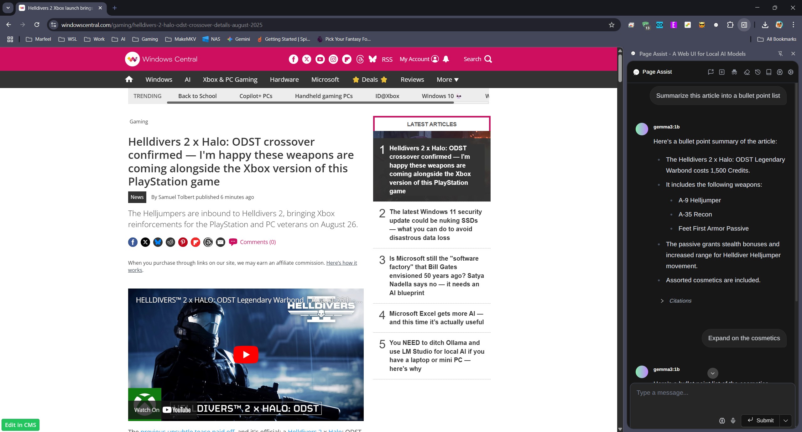 Использование Page Assist на боковой панели для взаимодействия с открытой веб-страницей, на базе Ollama.