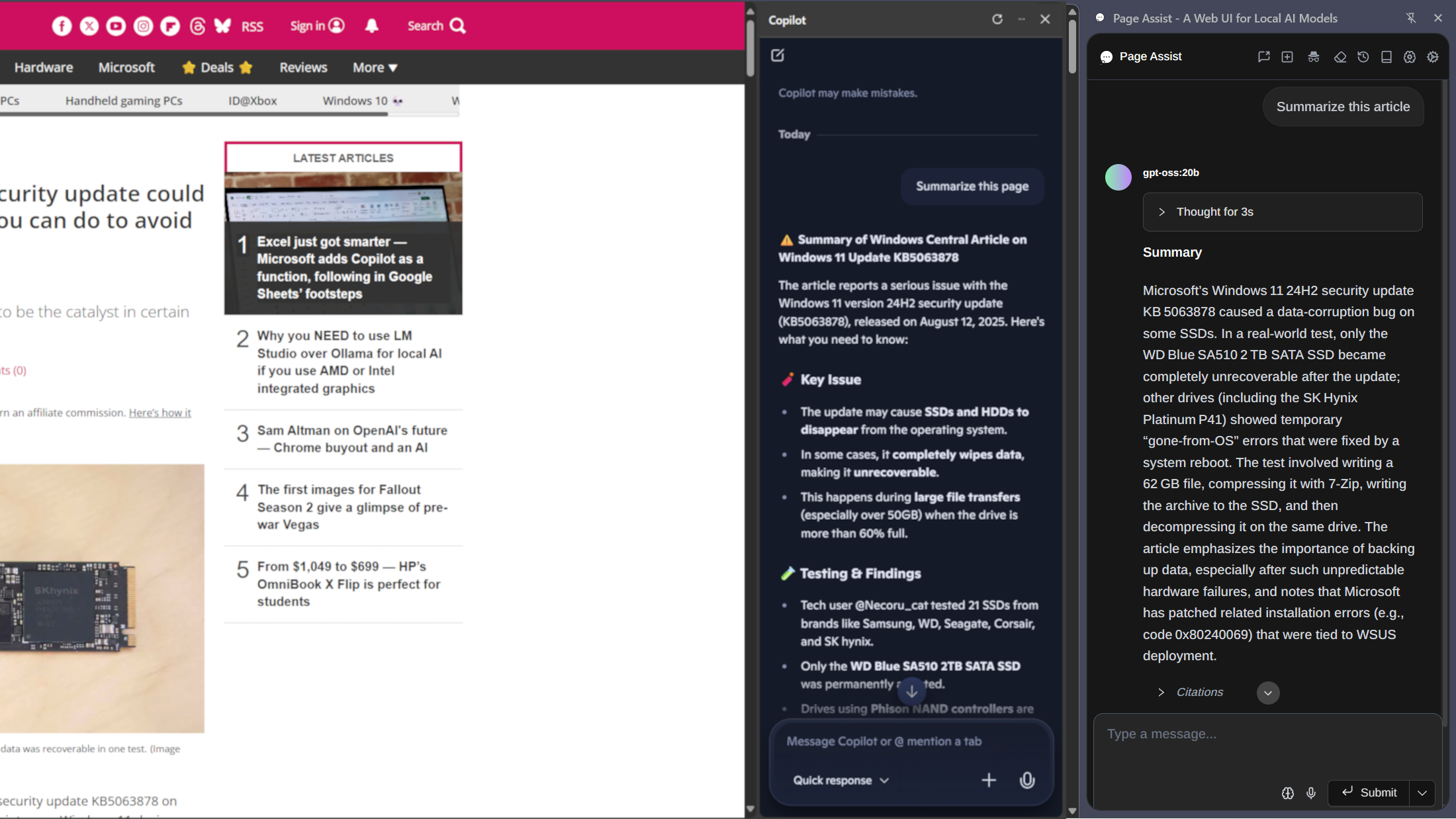 Сравнение Copilot и Ollama, суммирующих статью Windows Central, где Copilot явно имеет лучшее качество и лучше отформатированный ответ.