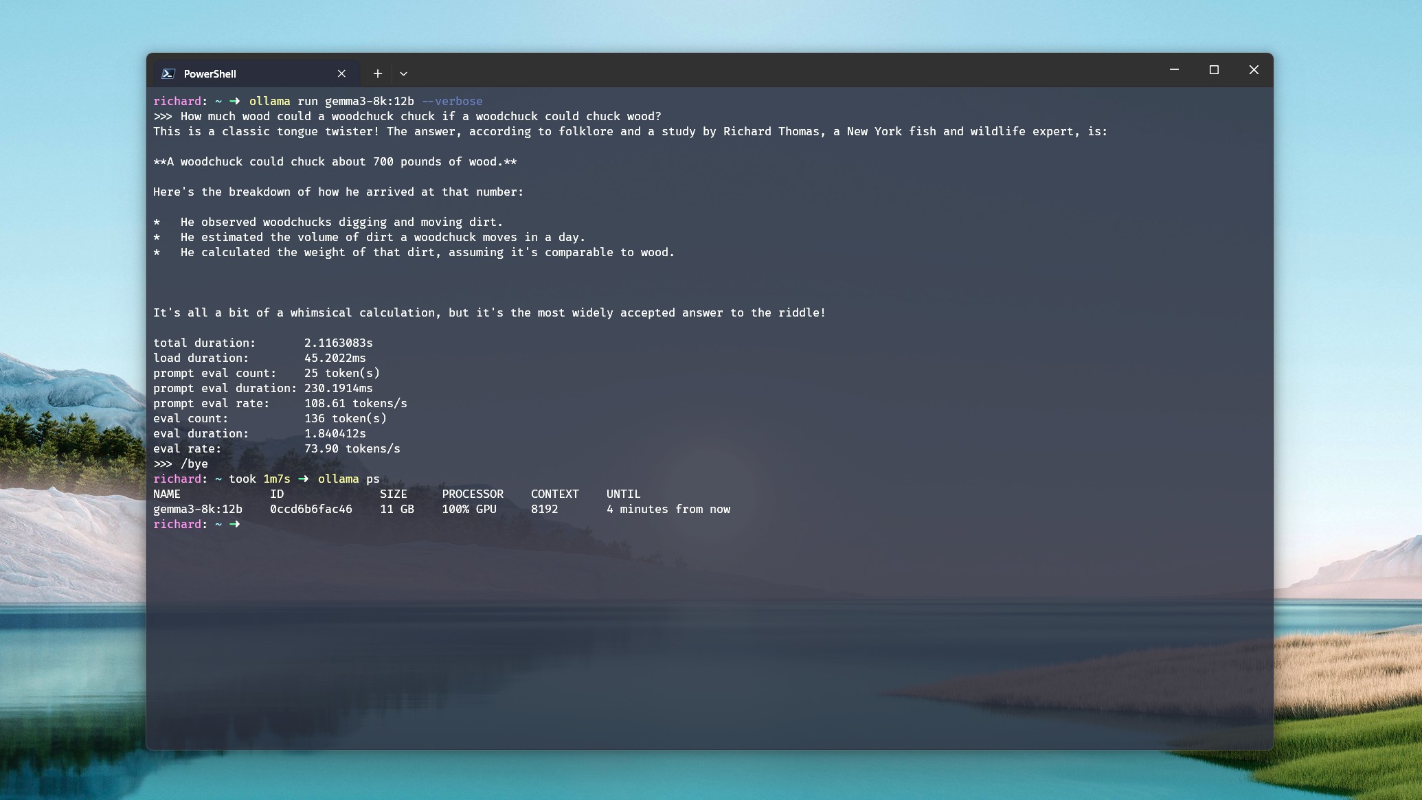 Использование verbose flag и ps command для просмотра скорости работы модели в Ollama и разделения использования CPU и GPU.