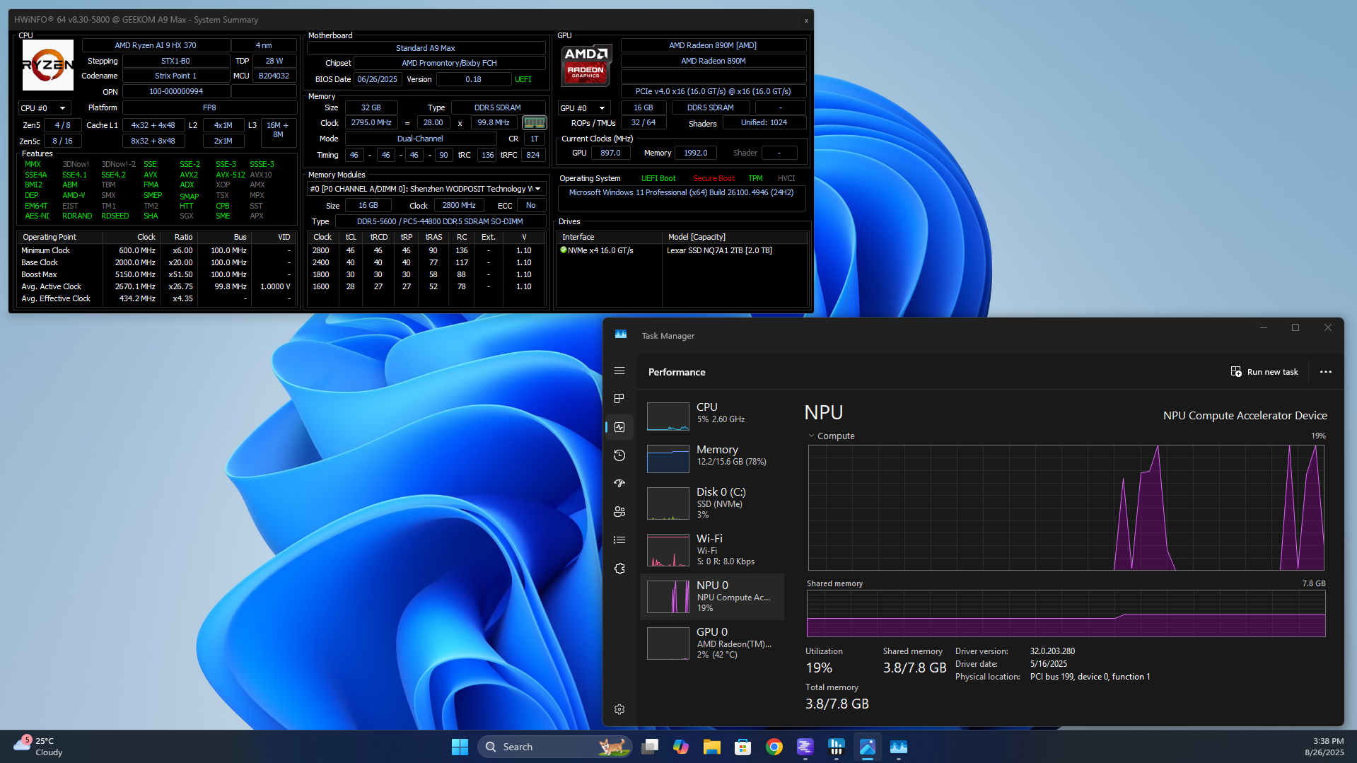 HWInfo и Task Manager, показывающие использование NPU на Geekom A9 Max