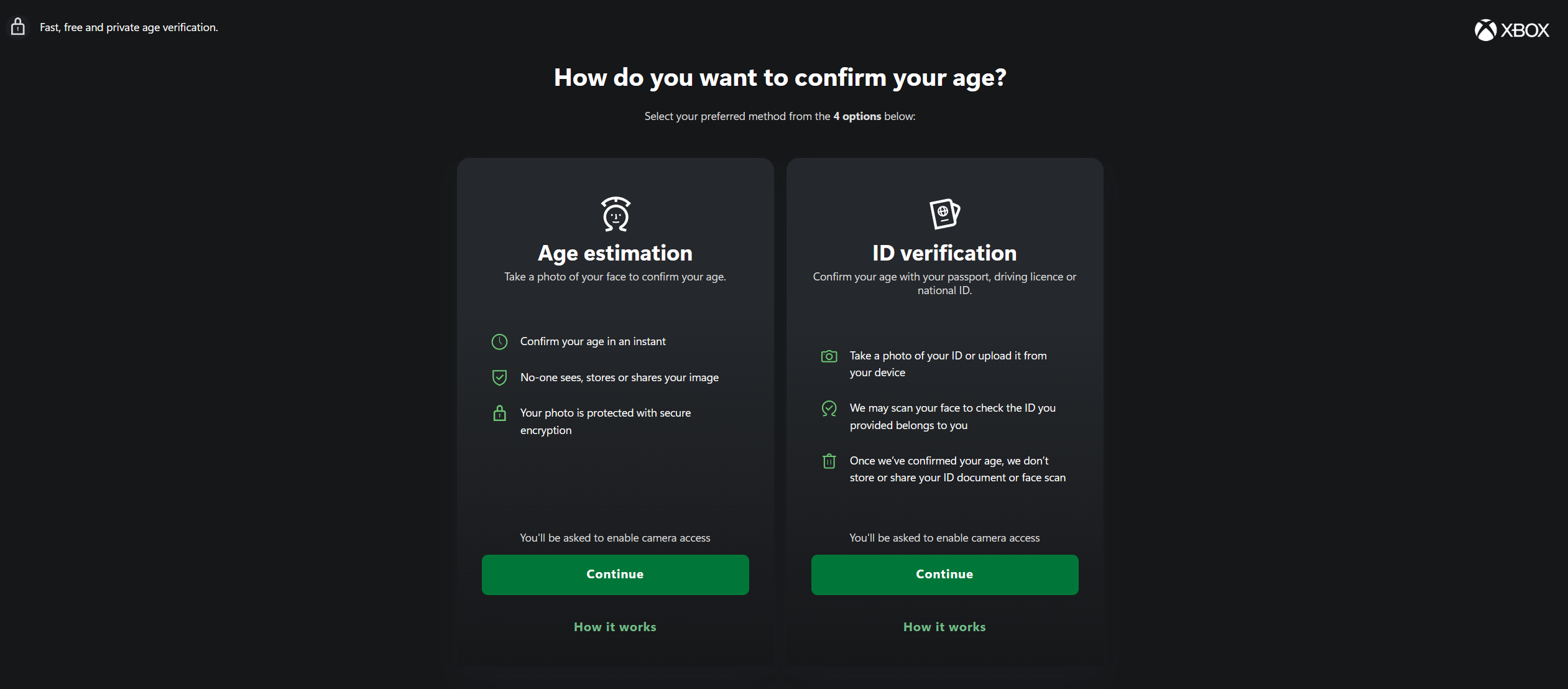 Xbox's UK age verification options, including age estimation and ID verification
