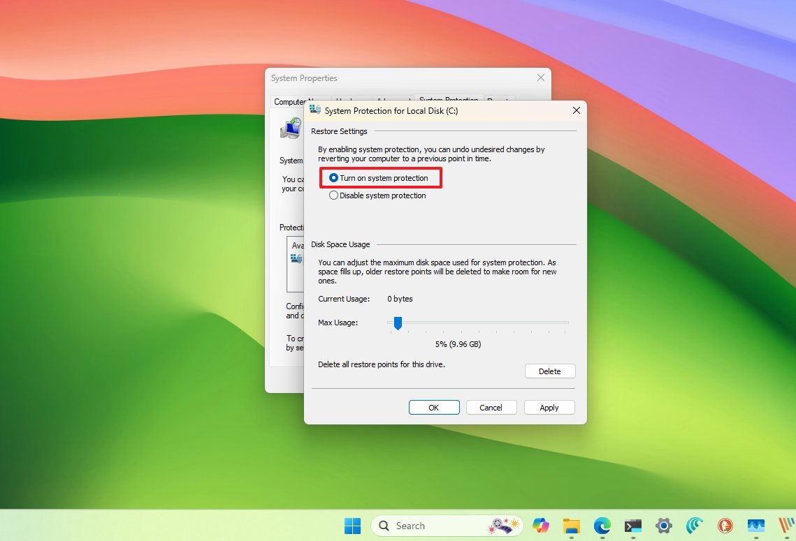 Turn on system protection