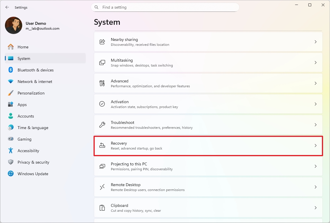 Windows 11 open Recovery page