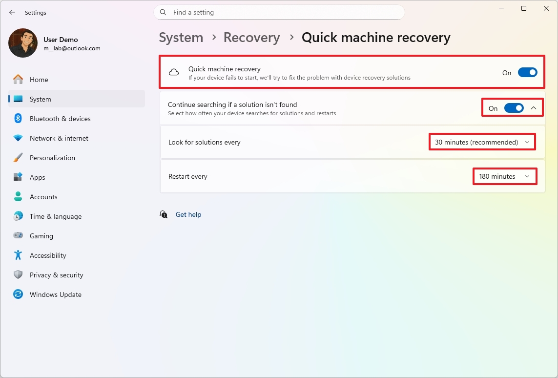 Configure Quick machine recovery