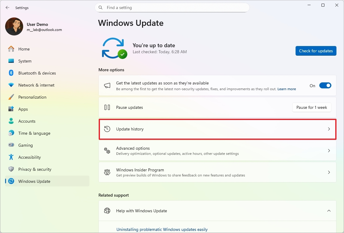 Windows 11 open update history settings
