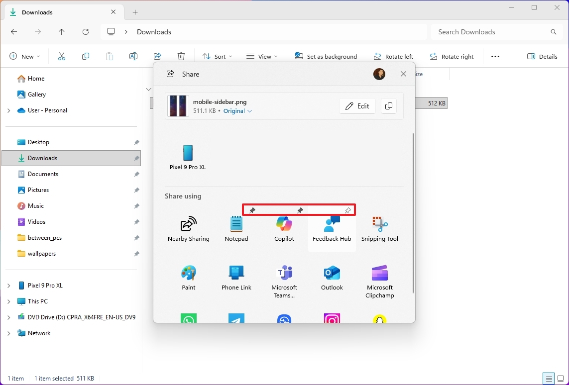 Возможность закрепить приложения в меню "Поделиться"